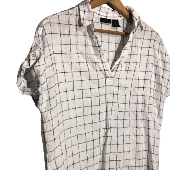 TAHARI | Women’s White Split Neck Linen Popover Windowpane Blouse Top size Small - Picture 3 of 11